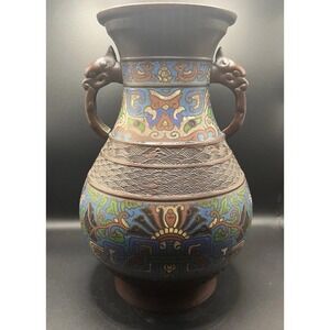 VTG Antique Early 20th Japanese champlevé cloisonné‎ vase with dragon handles